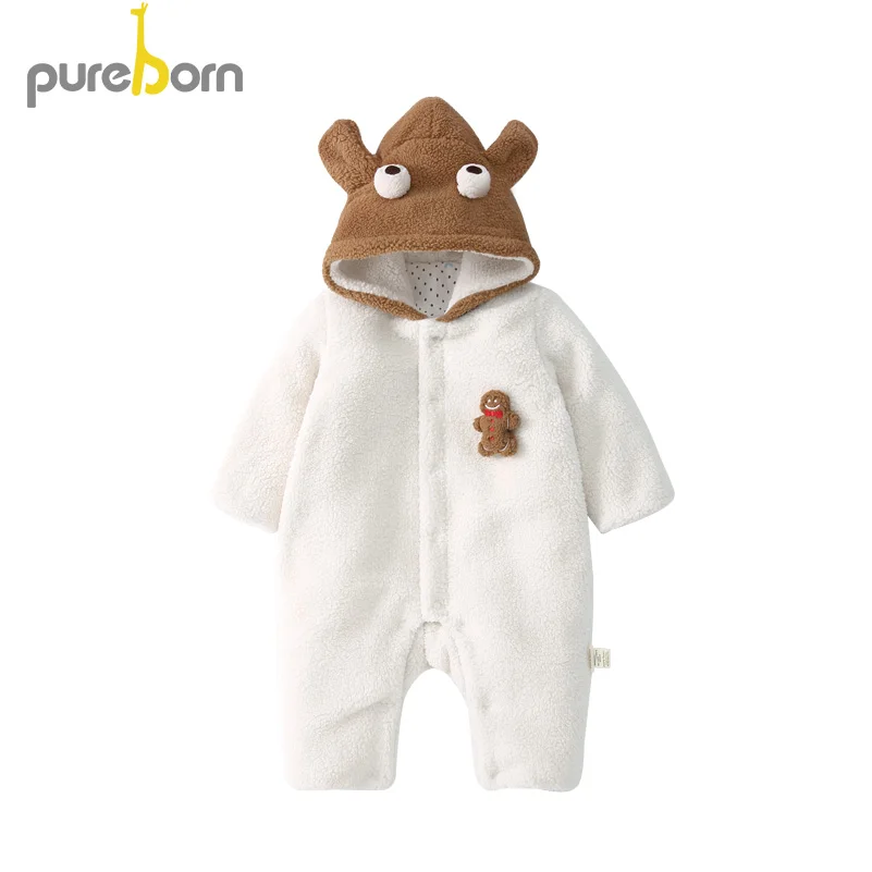 Pureborn/Одежда для новорожденных; комбинезон с капюшоном и рисунком для маленьких мальчиков и девочек; флисовый стеганый зимний комбинезон с хлопковой подкладкой для малышей - Цвет: White