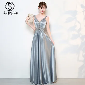 

Skyyue Crystal Formal Evening Dress Beading A Line Women Party Gown K160 2020 Robe De Soiree V-Neck Sleeveless Long Prom Gowns