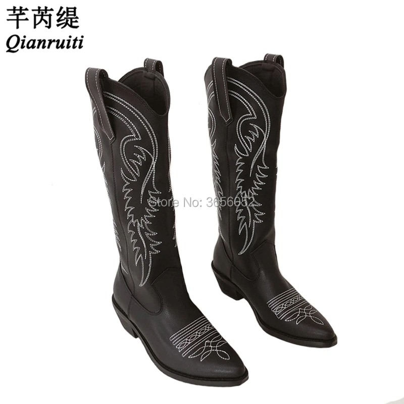Qianruiti Black White Blue Red Embroidered Leather Botines Mujer 2019 Autumn Winter Shoes Women Western Cowboy Long Riding Boots | Обувь