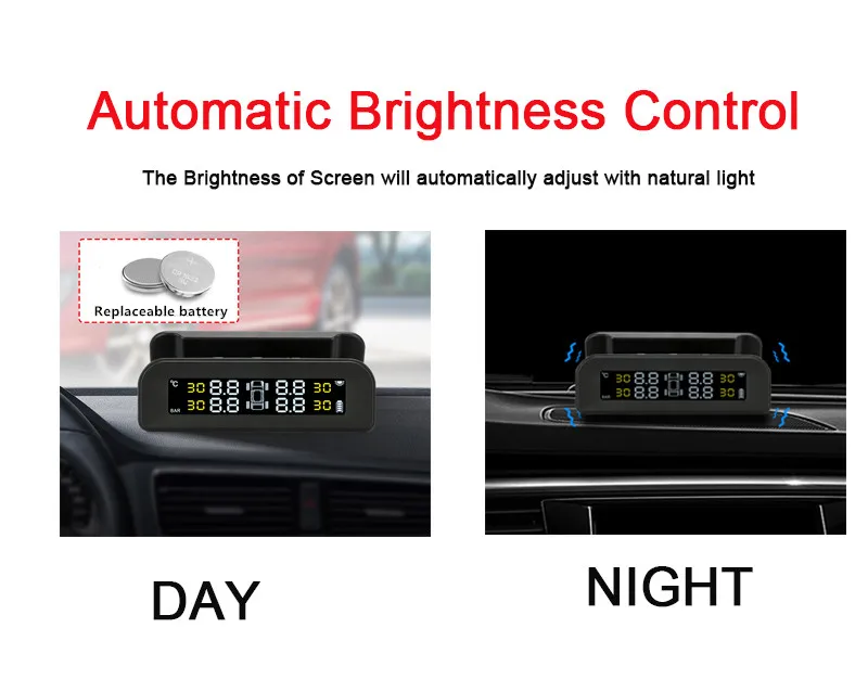 Develuck TPMS Car Tire Pressure Monitor System  Automatic Brightness Control  Solar Power  Adjustable LCD screen Wireless 4 tire