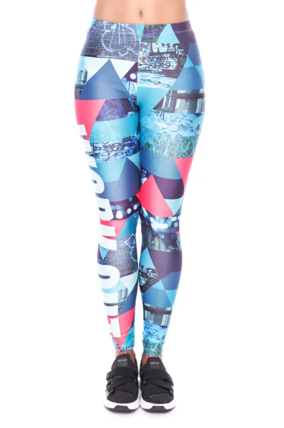 Geometric plaid European and American printed nine minute pants high-waisted sport large size leggings for women