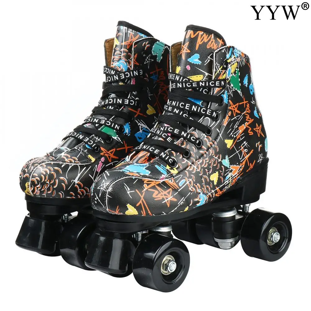 

pu leather roller skates double line skates women men adult children two line skate shoes patines graffiti pu 4 wheels patins