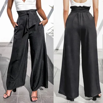 

Women Streetwear Casual Solid Color Black High Waist Drawstring Wide Leg Pants Winter Pants Women