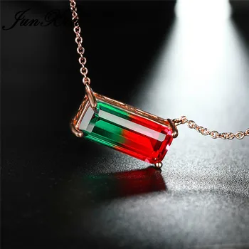 

Single Stone Rainbow Fire Crystal Rectangle Pendant Rose Gold Chain Necklaces For Women Green Red Zircon Wedding Choker Jewelry