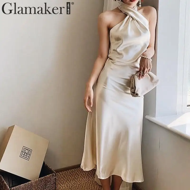 Glamaker сексуальное облегающее платье миди с открытой спиной, элегантные вечерние атласные платья золотого цвета с разрезом для клуба, Осенние рождественские платья