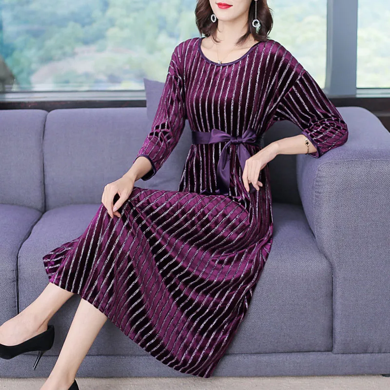 

Fashion Attractive Purple Midi Dress With Bowtie Sashes New Style Autumn Striped Velvet Dress Women Ropa Mujer Vestido Slim Lady