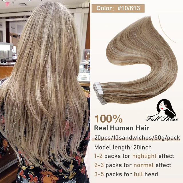 Full Shine Tape In Human Hair Extensions Blonde 100% Real Remy Human Hair Skin Weft Adhesive Glue On For Salon High Quality P10 613