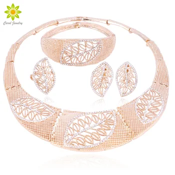 

Dubai Jewelry Sets Gold Color Necklace Classic Leaves Shape Bracelet Earrings Ring for Women Wedding Jewelry Sets for Bride