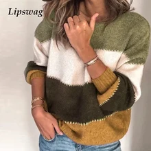 Lipswag, осенне-зимний Повседневный свитер в стиле пэчворк, Женский вязаный пуловер с круглым вырезом и длинным рукавом, женский свободный полосатый джемпер, свитер, топы