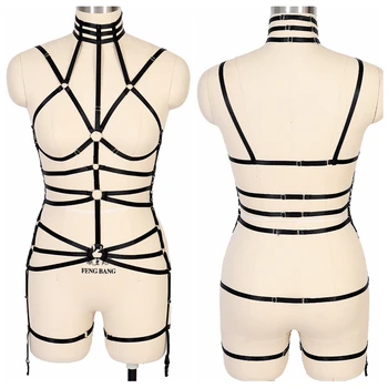 

Full Body Harness Black Sexy Tops Steampunk Goth Plus Size Elastic Lingerie Women Strappy Garter Belt Hollow Out Bra Night Clubs