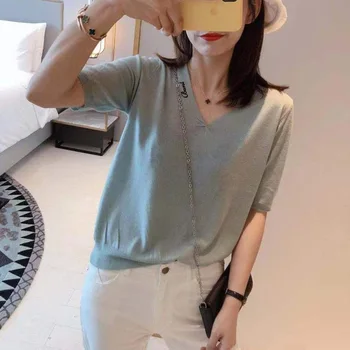 

Popular Brand Viscose Short Sleeve T-shirt Female Summer New Style Korean-style Fashion Loose Slimming V-neck Western Style Base