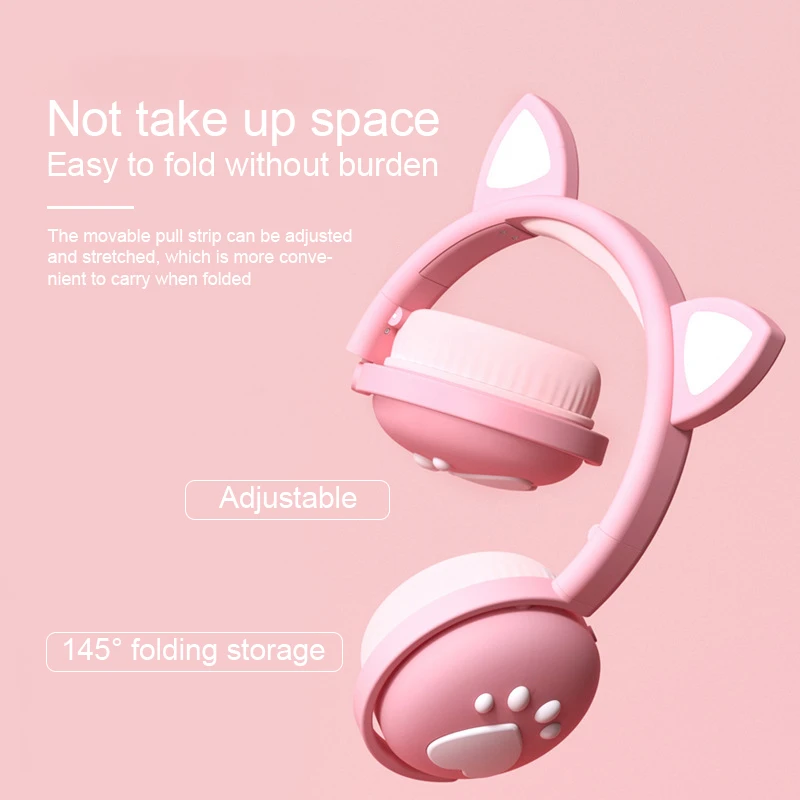 7 1 Stereo Cute Cat Bluetooth Wireless Pink Headphone With Microphone Flashing Light Noise Cancel Earphone Music Girls Kid Gifts