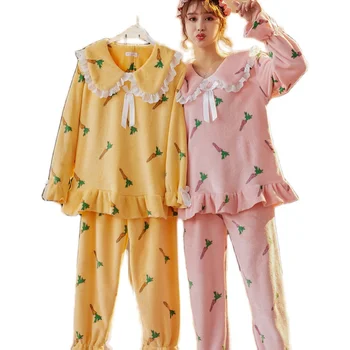 

New Christmas Pajamas Gift Women WAVMIT Winter Wool Warm Velvet Thickening Flannel Sleepwear Set Print Pajamas Loungewear Women