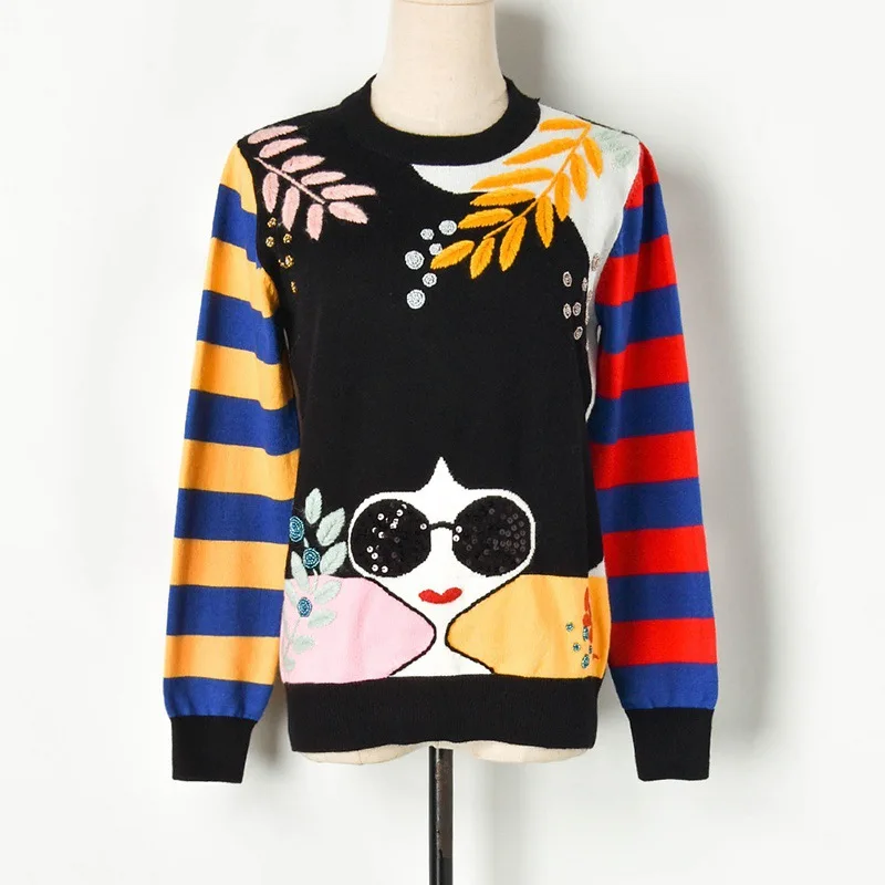 

Luxury Brand Designer Knitted Pullovers for Women Embroidered leaves beaded sequins sunglasses girl knit sweater