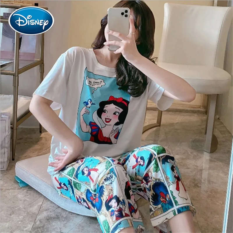 Mickey Pajamas Women's Short Sleeve Cropped Pants Disney Summer Snow White Comic Print Fashion Student Home Service Suit 5