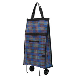 Compact Folding Reusable Shopping Trolley Bag with Wheels - Portable Food and Grocery Organizer (A Blue plaid)