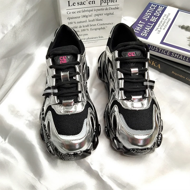 Женские кроссовки; модная обувь; женские кроссовки на платформе; zapatos de mujer; женская обувь на толстой подошве; обувь для папы; дышащая Серебристая обувь