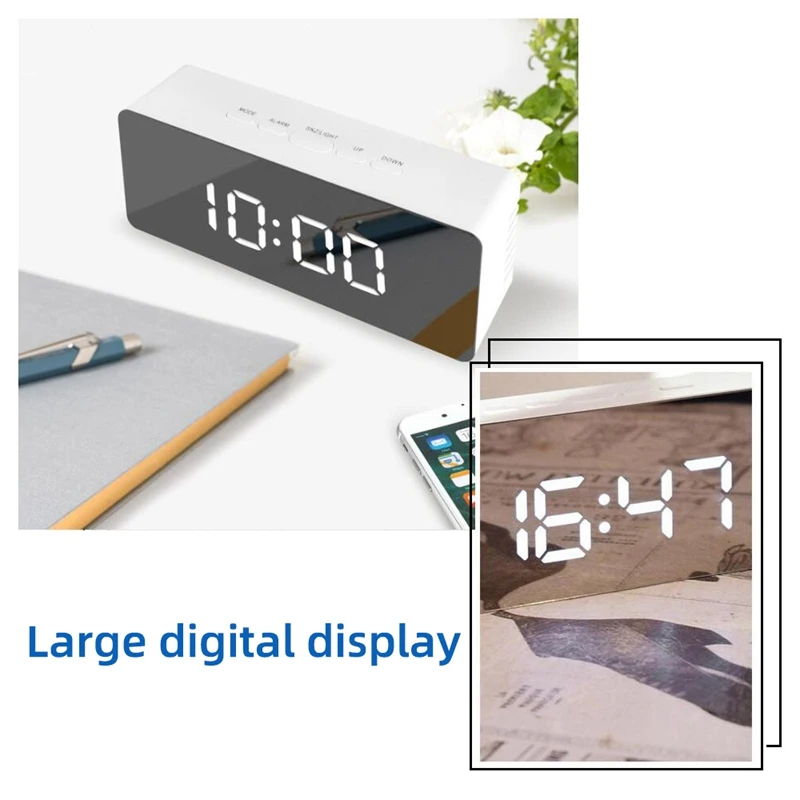 LED Display Alarm Clock Temperature Digital Mirror Calendar USB/AAA Powered Electronic Multifunction Snooze Desk Clock