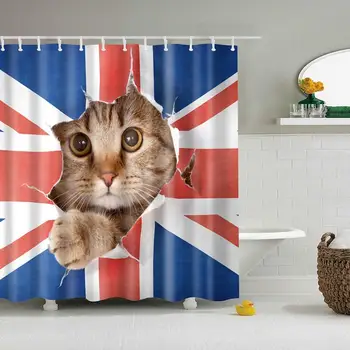 

British Flag and Cat Pattern Digital Print Bath Shower Curtains for Bathroom Decor,Polyester Waterproof Fabric Bath Curtain with