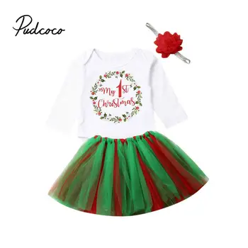 

My 1st Christmas Toddler Kid Baby Girls Clothing Set Children's Clothes White Long Sleeve Flower T shirts + Tutu Skirts Outfist