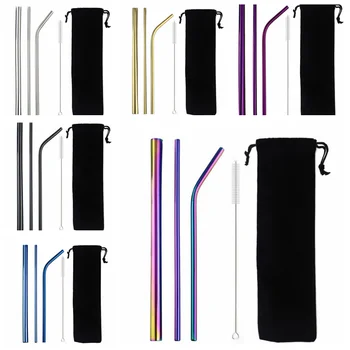 

25set 304 Stainless Steel Straw Metal Straws 6/12mm Reusable Straw Drinking Straws Set Brush Bag 4pcs/set bent straight