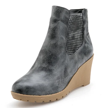 

Breathable Microfiber Wedge Heel Ankle Boots PU Inner Heightening Thick Bottom Net Yarn Printing High Heels Cheap Women's Boots