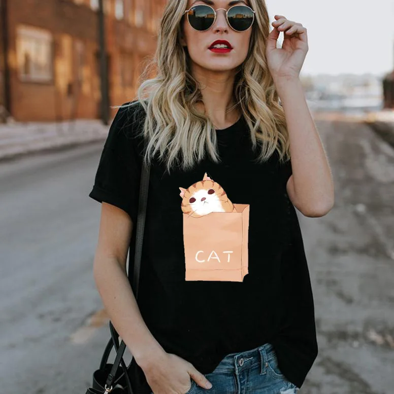 

2020 new T-shirt women's hot sale fashion creativity cute fat cat personality print casual Pullover short sleeve T-shirt top