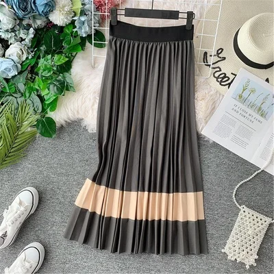 Photo Color Весна осень Новая модная женская элегантная плиссированная юбка в стиле пэчворк эластичная высокая талия контрастная линия макси юбка cc952 - Цвет: Photo Color