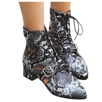 

Women's Lace-up Boots Snake Print Boots Ankle Boots Square Heel Fashion Pointed Shoes Sexy Women's Shoes 2019 New Lace Boots#15