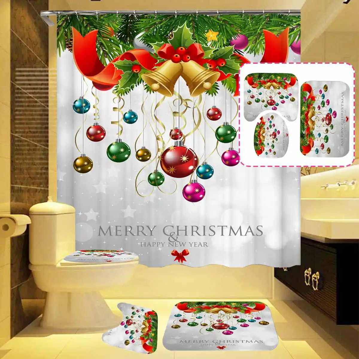 Merry Christmas Водонепроницаемая занавеска для душа Рождественский Санта-Клаус занавеска для ванной комнаты Противоскользящий коврик для ванной комплект туалетный коврик ковер - Цвет: Светло-зеленый