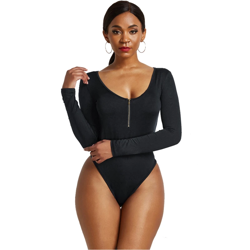 Sexy Deep U Neck Quarter Zip Women Bodycon Bodysuit Y2K Girls Long Sleeve Stretchy Open Stitch Bodysuits for Women Plus Size