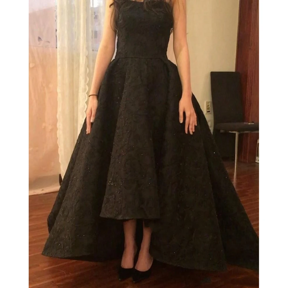 Black High Low Prom Dresses 2020 A Line Full Lace Strapless Tea Length