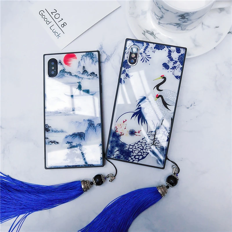 Чехол из закаленного стекла для iPhone 12 Mini 11 Pro Max XS XR X 8 7 Plus SE 2020 с китайским сине