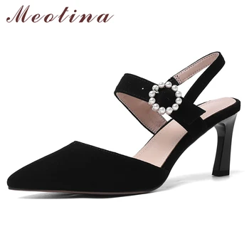 

Meotina High Heels Women Shoes String Bead Kid Suede Sandals Thin High Heel Footwear Buckle Pointed Toe Party Shoes Lady Black
