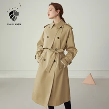 FANSILANEN – Trench-Coat 100% coton kaki pour femme, Long, col rabattu, vêtements décontractés, manches longues, ceinture, automne hiver