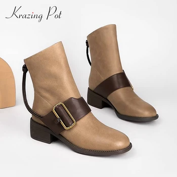 

Krazing Pot 2020 western boots genuine leather buckle decorations vintage round toe med heel zipper young girls ankle boots L8f1