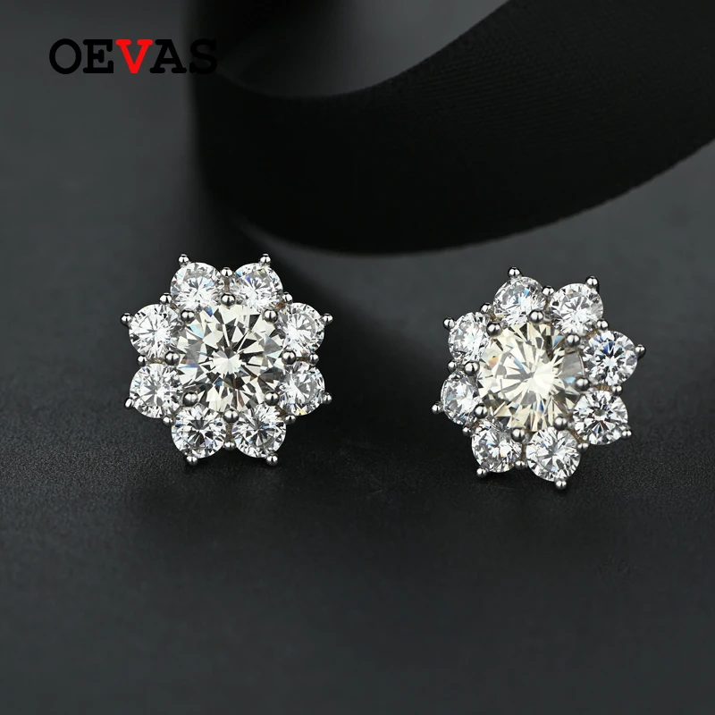 OEVAS 100% 925 Sterling Silver Sparkling High Carbon Diamond Flower Stud Earrings For Women Wedding Party Bridal Fine Jewelry