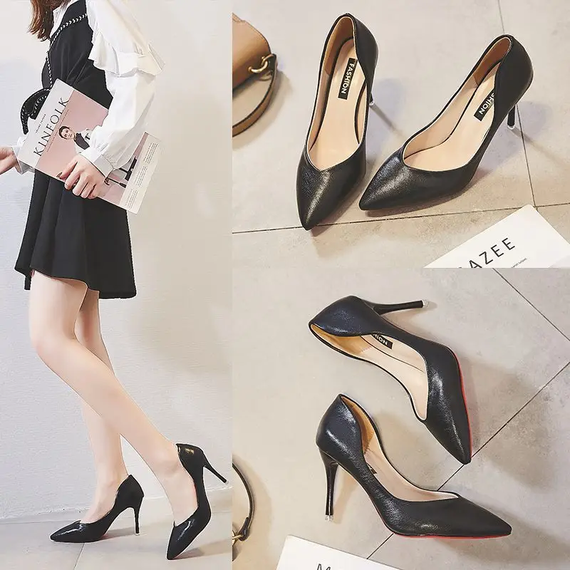 

2020 Four Seasons Versatile Black Elegant Career Work WOMEN'S Shoes Sexy Thin Heeled Low-Cut Patent Leather Pointed Toe High Hee