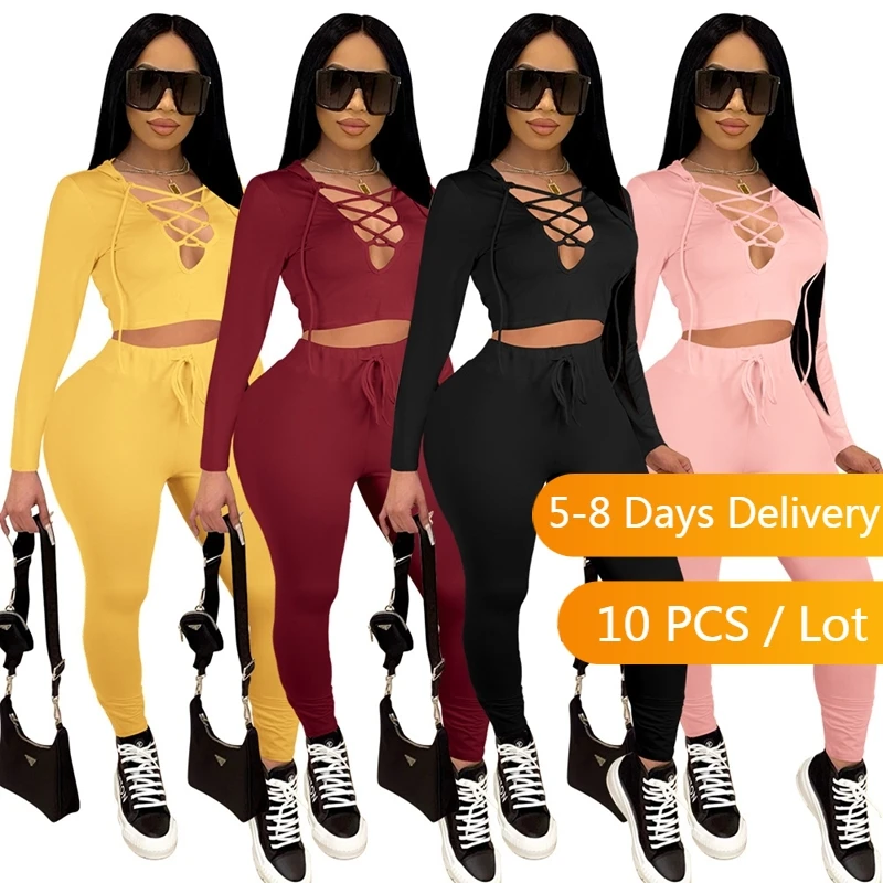

Bulk Items Wholesale Lots Fall Two Piece Set Women Lace Up Hooded Crop Top and Pants Set Clubwear 2 Piece Sets Womens Outfits
