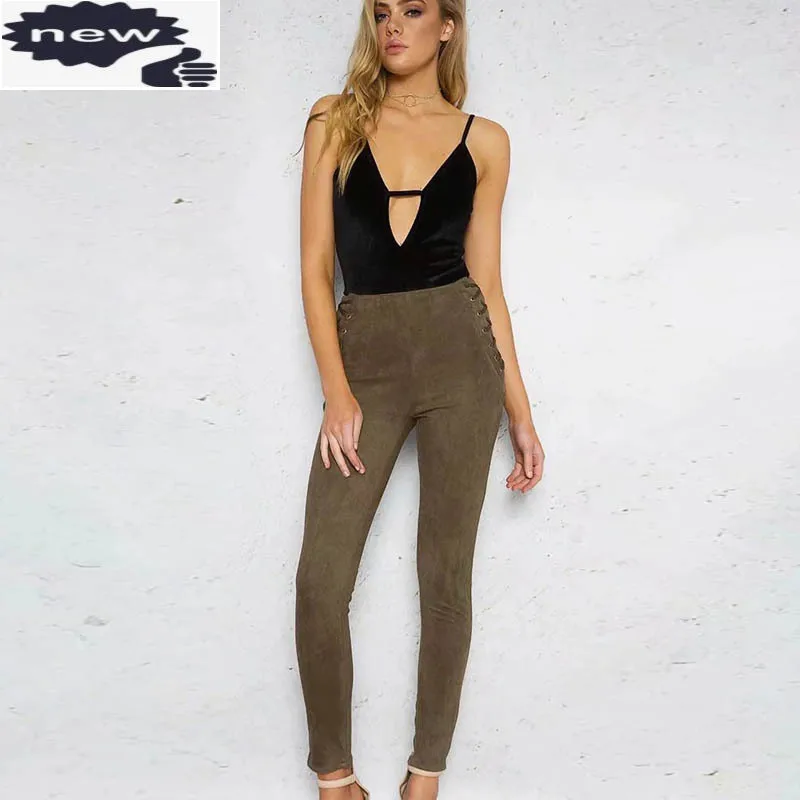 

Autumn New Retro Women Lace Up Faux Suede Leather Pencil Pants High Waist Female Trousers Casual Slim Fit Zipper Pantalon Femme