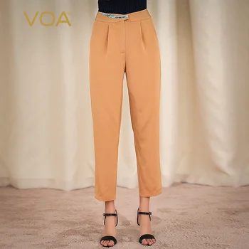 

Voa36mm light camel heavy weight silk mid waist buckle with contrast material and false pocket pleated cropped Leggings K1115