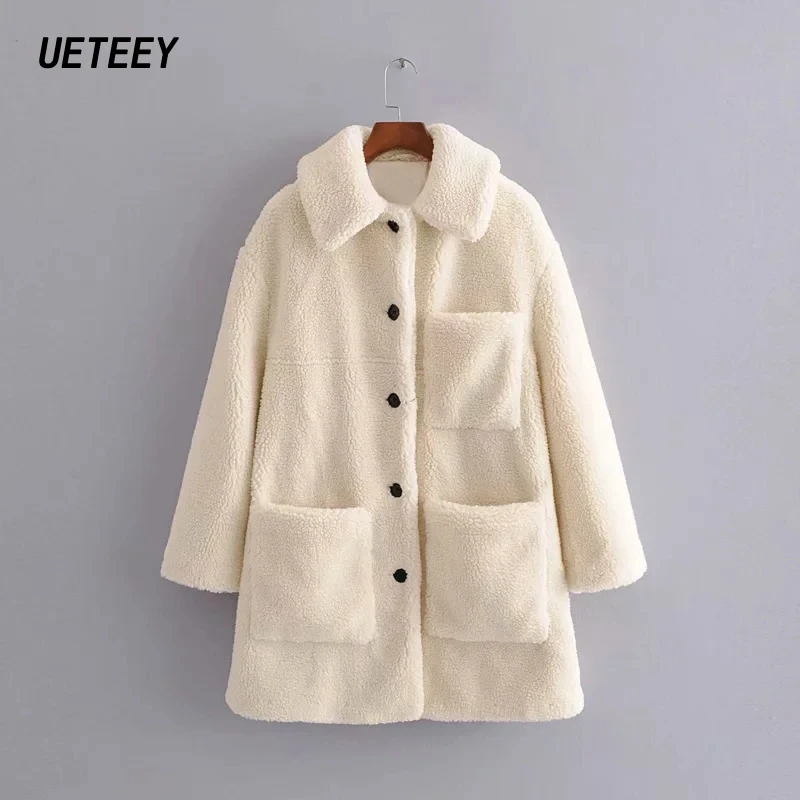 

Winter 2020 Women's Coats Polo Fleece Woolen Coat Warm Long Jacket Loose Casual Outerwear Solid Female Chic Overcoat Long Sleeve