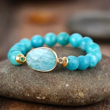 Premium Women Stretchy Bracelets 10MM Amazonite Charm Elastic Statement Bracelet Natural Stone Jewelry Wholesale A+++++