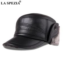 LA SPEZIA Bomber Hats Genuine Leather Ear Flap Cap Men Black Warm Ushanka Fur Hat Male Winter Thick Vintage Baseball Caps 2021