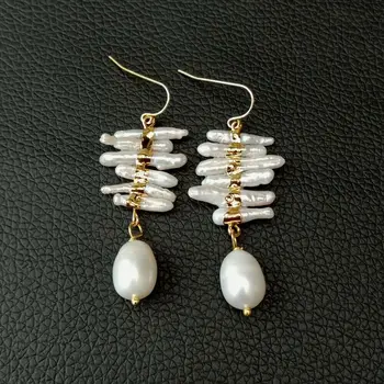 

White Biwa Pearl Rice Pearl Golden Plated Hook Earrings