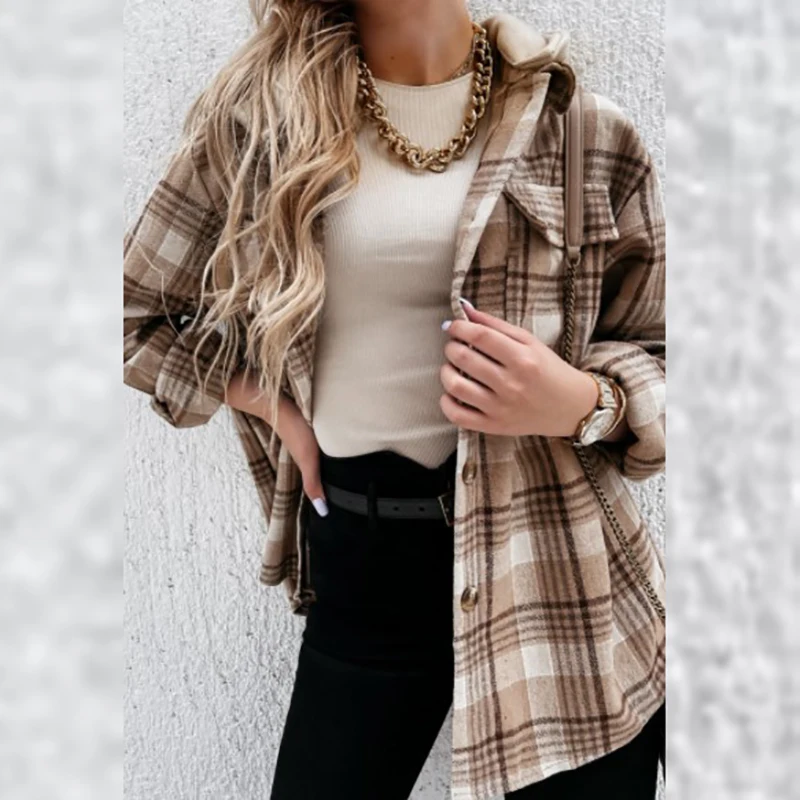 

Женская Повседневная рубашка в клетку с капюшоном, элегантный осенний Топ с длинным рукавом, свободный Дамский Топ, уличная мода, женские рубашки на пуговицах