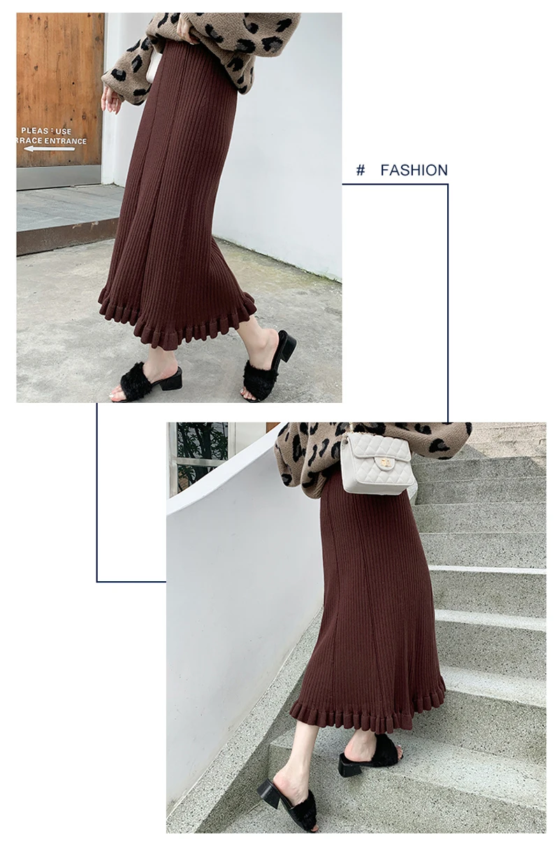 Lucyever/осенне-зимняя женская трикотажная длинная юбка, модная плиссированная юбка с высокой талией и оборками, элегантная Корейская однотонная женская юбка