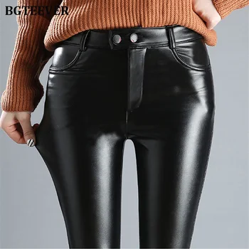 

BGTEEVER 2019 Winter Black Thick Pu Leather Pants Womens Elastic Long Velvet Pants Female Skinny Faux Leather Trousers femme