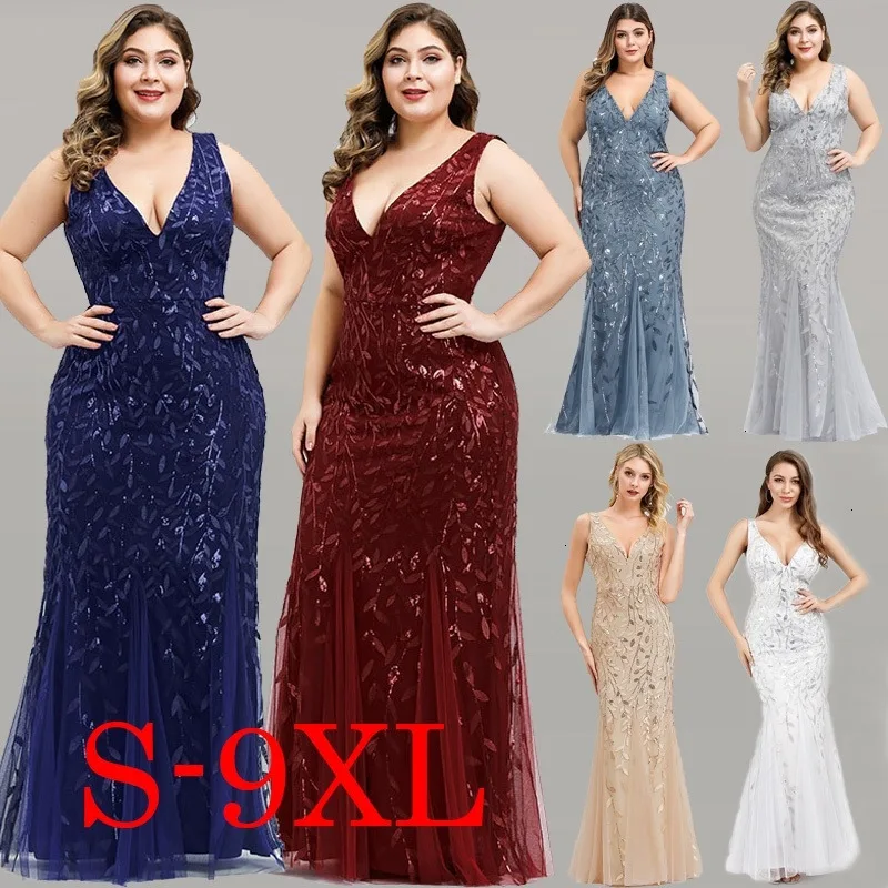 Elegant Plus Size Prom Dresses Long Ever Pretty Robe De Soiree Mermaid V Neck Sequined Wedding Party Gowns Vestidos De Fiesta