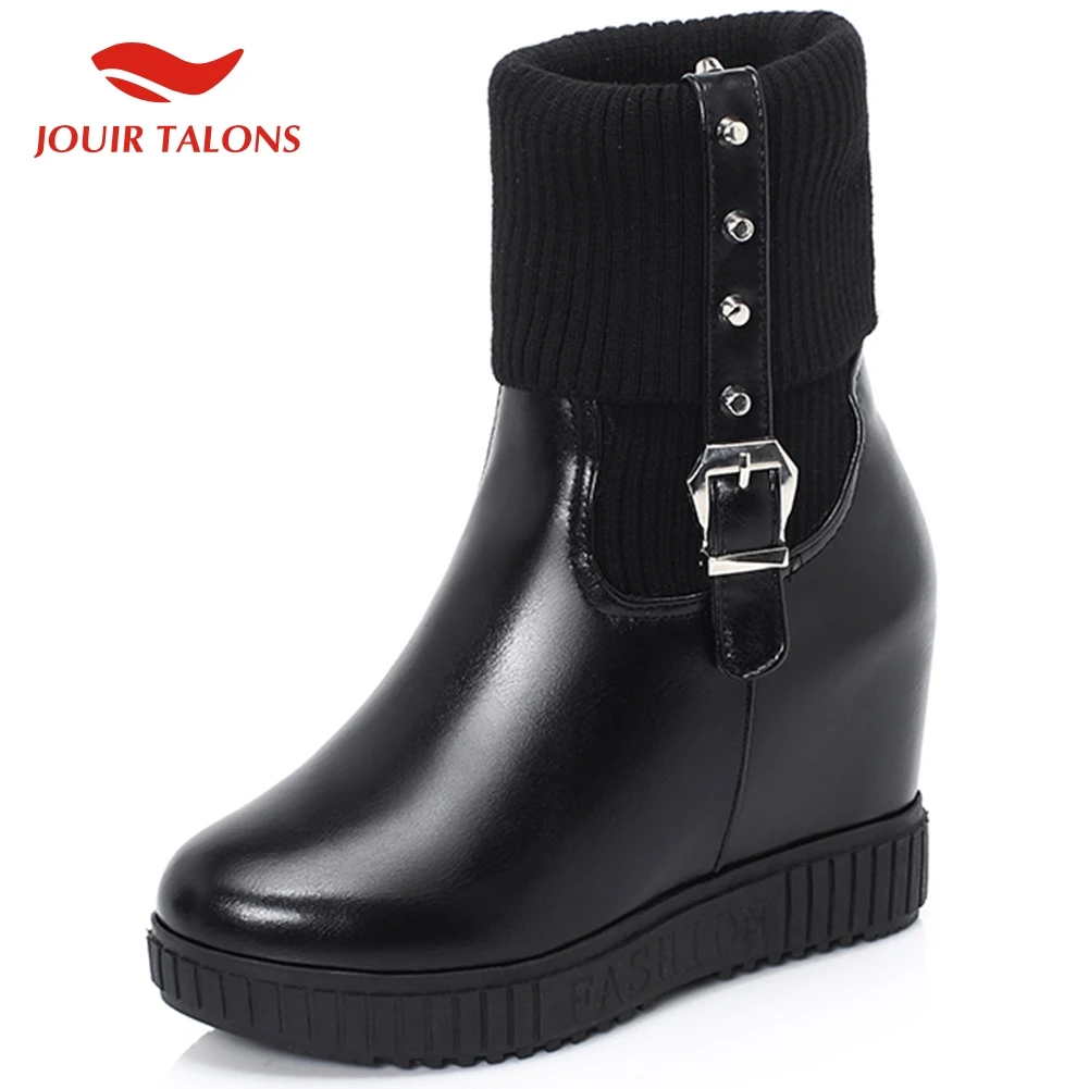 

JOUIR TALONS Hot Sale NEW Big Size 43 Wedge High Heels Ankle Boots Woman Shoes Slip On Platform Add Fur Autumn Shoes Women Boots